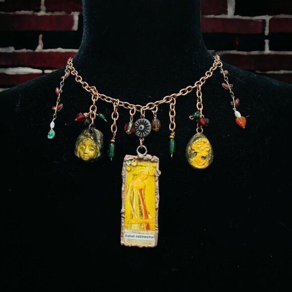 Tiny Art Glass Canvas Glass Pendant Copper Necklace 14th Cen. Italian Noblewoman - Picture 2 of 11